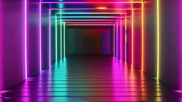 Futuristic neon tunnel bright cyberspace hall party road glowing arch colorful digital background modern future corridor hallway space tech virtual reality vr subway portal web video