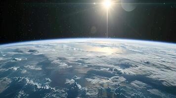 Planet earth space astronomy cinematic background science exploration orbit glowing sun glimpse flare glare sunlight rays satellite global world view illuminated stars planets connection video