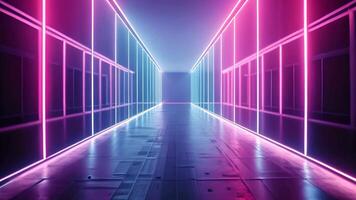 Futuristic neon tunnel bright cyberspace hall party road glowing arch colorful digital background modern future corridor hallway space tech virtual reality vr subway portal web video