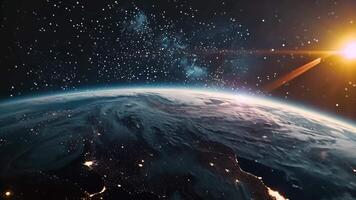 Planet earth space astronomy cinematic background science exploration orbit glowing sun glimpse flare glare sunlight rays satellite global world view illuminated stars planets connection video