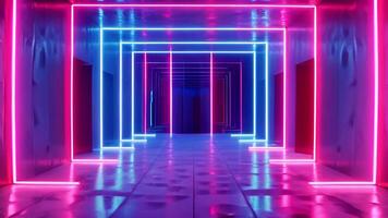 Futuristic neon tunnel bright cyberspace hall party road glowing arch colorful digital background modern future corridor hallway space tech virtual reality vr subway portal web video