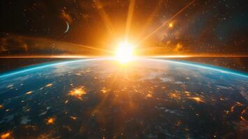 Planet earth space astronomy cinematic background science exploration orbit glowing sun glimpse flare glare sunlight rays satellite global world view illuminated stars planets connection video