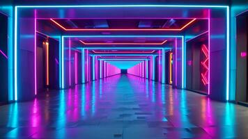 Futuristic neon tunnel bright cyberspace hall party road glowing arch colorful digital background modern future corridor hallway space tech virtual reality vr subway portal web video