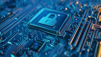 Lock safe microchip computer chip processor AI computation power PC safety cloud protection silicon motherboard components circuit board tech technological advance computing development video