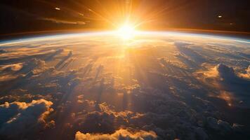 Planet earth space astronomy cinematic background science exploration orbit glowing sun glimpse flare glare sunlight rays satellite global world view illuminated stars planets connection video