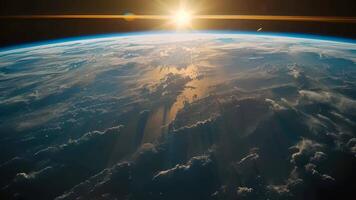 Planet earth space astronomy cinematic background science exploration orbit glowing sun glimpse flare glare sunlight rays satellite global world view illuminated stars planets connection video