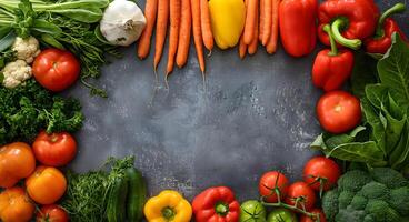 Fresh vegetables arranged in a frame. Generative by AI photo