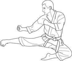 Man in Karate Pose, Fast kick fighting technique, Hand drawn in thin line style vector