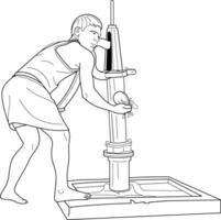 Man pumping water from hand pump, hand drawn in thin line style vector