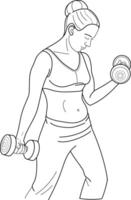 woman is doing exercise with dumbbell, Hand drawn in thin line style vector