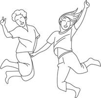 Happy Kids jump with friend, hand drawn in thin line style vector