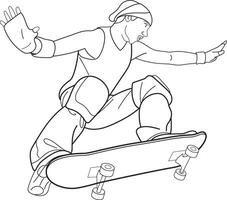 Man with skateboard, hand drawn in thin line style vector