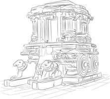 Stone chariot, Hampi Monuments, Hand drawn in thin line style vector