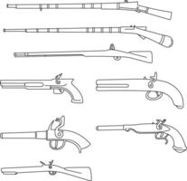 Old Rifles set, weapons illustrations, Hand drawn in thin line style vector
