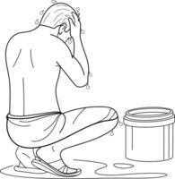 Man taking bath on the street, hand drawn in thin line style vector