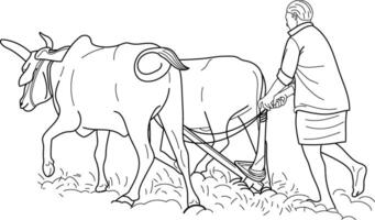 Indian farmer working in agriculture field with bulls and plough, hand drawn in thin line style vector