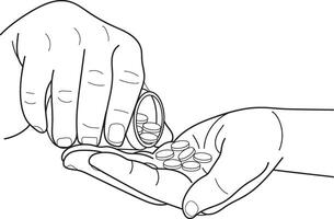 Medicines tablets in hand, medical concept, Hand drawn in thin line style vector