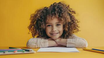 Adorable african american girl while doing homework isolated on yellow background. photo