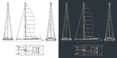 Large sailing catamaran technical drawings vector