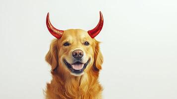 Golden Retriever in devil horns on white background. photo