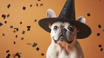 French bulldog in witch hat with confetti on orange background. photo