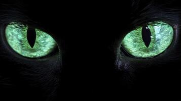 Green eyes of a black cat. Close-up. photo