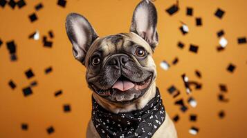 Funny French bulldog dog and confetti on orange background. photo