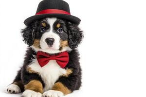 Cute bernese mountain dog wearing a hat and bow tie isolated on white background. photo
