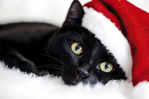 Black cat in christmas hat lying on white fur. photo