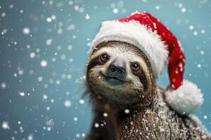 Cute funny sloth in santa hat on blue background. photo