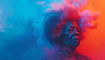 Extravagant African-American senion woman surrounded by vibrant colorful clouds. Black history and future contrasting background. photo