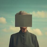 Old woman with her face covered by grey paper sheet. Identity, personality conceptual background. photo