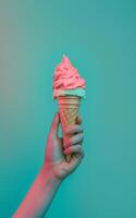 Summer, hot weather copy space. Hand holding a soft ice cream cone against pastel teal background. photo