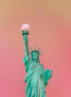 Statue of Liberty holding an ice cream cone instead of the torch. New York, USA summertime background. photo
