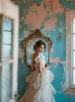 Bride in a white dress standing next to to a mirror in a old ruined room. Elegance and ruggedness contrasting background. photo