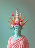 Statue of Liberty with soft ice cream cones forming the crown. New York, USA summertime background. photo