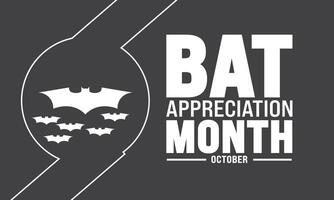Bat Appreciation Month on october 1, with illustration there are bats flying around and some hanging from tree branches in the hills, the moon and text isolated on night background to celebrate vector