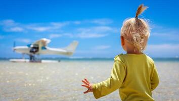 A little boy stands confidently in front of an airplane at the Mauritius beach photo
