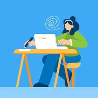 Illustration of a woman sitting with a laptop and writing in a notebook in flat style. vector