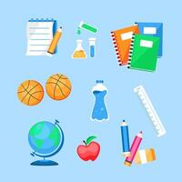 Set of Back to School images, notebooks, globe, basketballs, ruler, pencils, etc. in cute cartoon style. vector