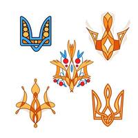 A set of yellow and blue Ukrainian symbols, the Ukrainian state emblem Trident with outline in different versions. vector
