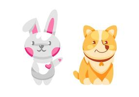 Rabbit and corgi dog characters in cute cartoon style. vector