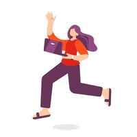 Illustration on the theme of the idea, a girl running with a laptop, in flat style. vector