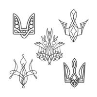 Set of Ukrainian symbols, Ukrainian state emblem Trident in different versions, doodle style, outline. vector