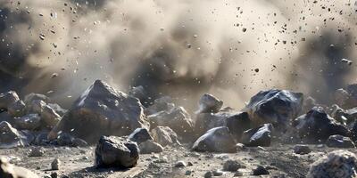 Massive rocks crashing into the ground with dust photo