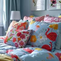 Decorative pillows with floral and flamingo patterns in bright colors arranged on a bed, create a cheerful and vibrant bedroom atmosphere photo
