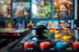 Arcade joystick with colorful buttons in focus, surrounded by blurred vintage game covers in the background photo