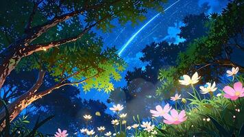 A serene forest scene with glowing flowers. The ethereal light and vibrant colors create a magical, tranquil atmosphere. Perfect for a fantasy or nature-themed setting. video