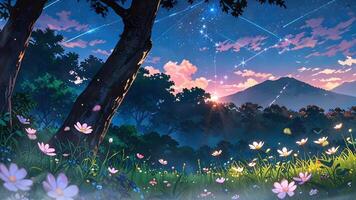 A serene forest scene with glowing flowers. The ethereal light and vibrant colors create a magical, tranquil atmosphere. Perfect for a fantasy or nature-themed setting. video