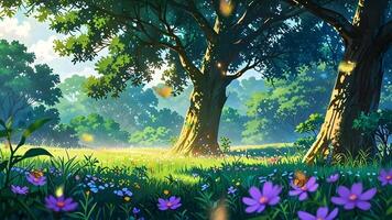 A serene forest scene with glowing flowers. The ethereal light and vibrant colors create a magical, tranquil atmosphere. Perfect for a fantasy or nature-themed setting. video
